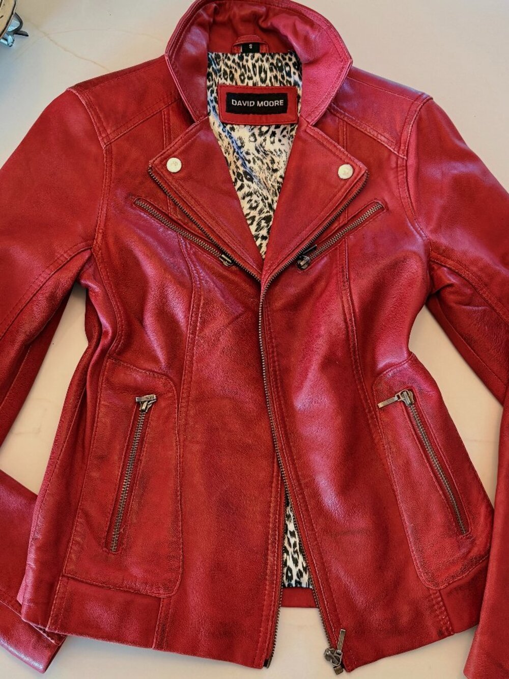 DAVID MOORE Red Genuine Leather Moto Biker Jacket Leopard Lining S